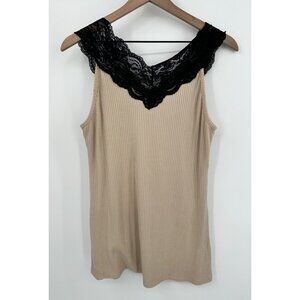 Blumin Apparel Sleeveless Top Women Large Tan Black Lace Ribbed V Neck Coquette